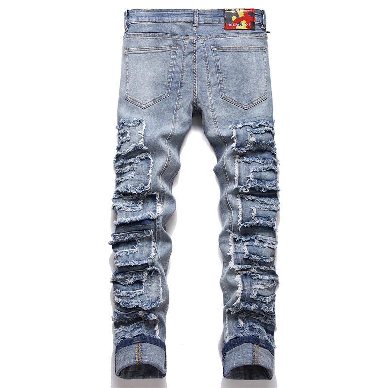 Men's Jeans Punk Trend Blue Hole Slim Seans Autumn Stickers Fashion Biker Pencil Pants MidWaists Casual Men Clothing 230517