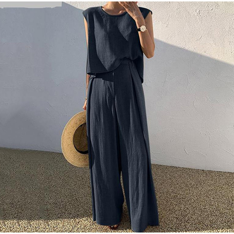Women's Two Piece Pants Women Cotton Linen Suits Summer Sleeveless O-Neck Tank Top Wide Leg Pants Two Piece Sets Female Fashion Casual Solid Loos