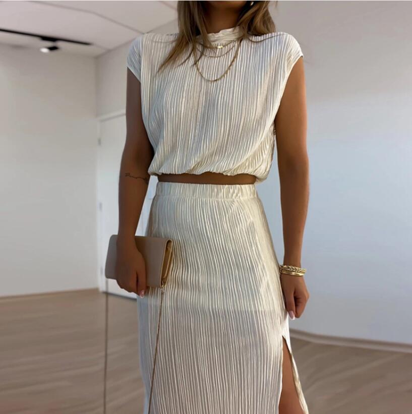 Women's Casual Dress 2024 New Short Shirt High Waist Split Mid length Half length Dress Women's Two Piece Set