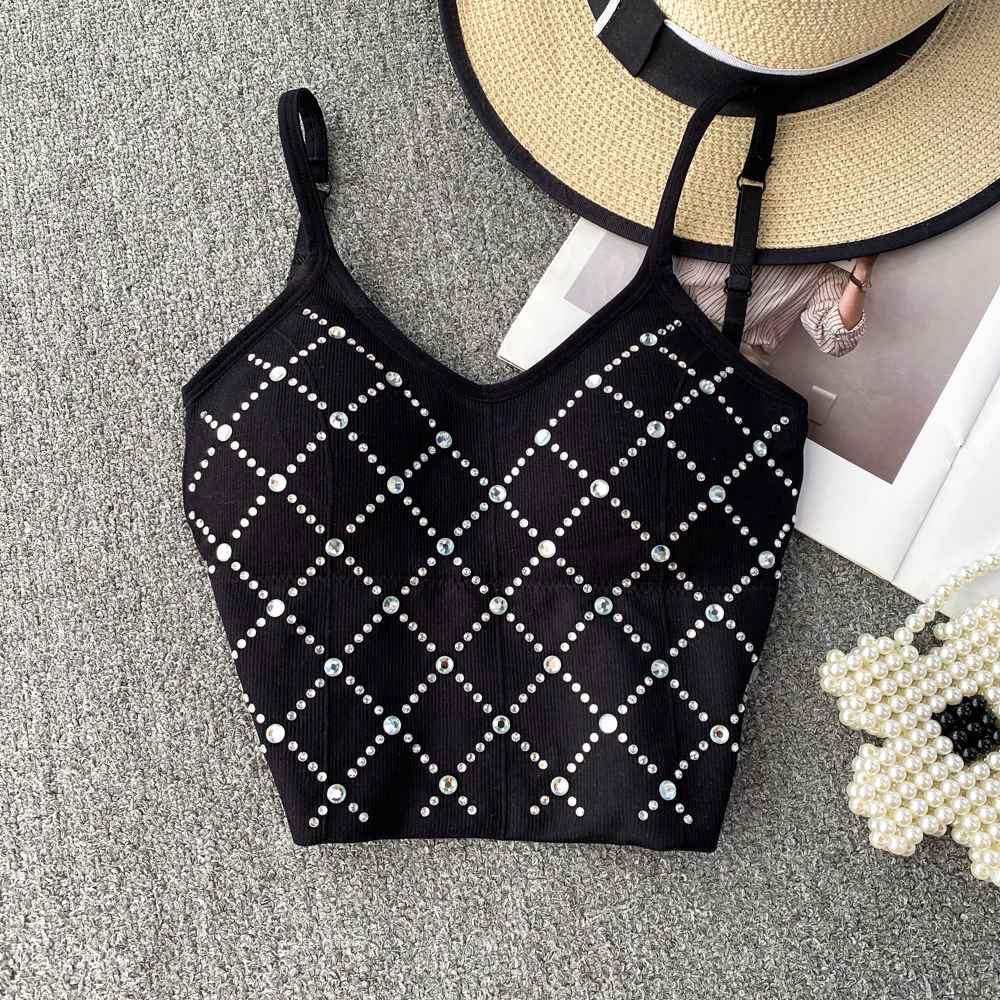 Camisoles Tanks Elegant Spaghetti Strap Tanks Camis Women Sexy Diamond Beading Spliced Femme Corset Crop Tank Tops with Built In Bras Camisoles 230518