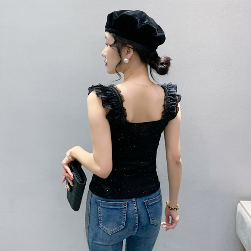 Camisoles Tanks MadBlack Summer European Clothes Ruffled Tank Tops Women Sexy Mesh Outerwear Slim Camisole Vest Sleeveless Tshirts T34801X 230518