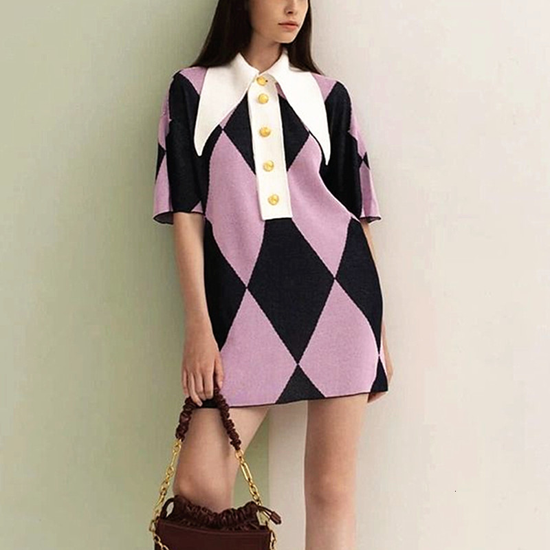 Basic Casual Dresses Summer Knitted Dress Fashion Women Big Collar Rhombic Dresses Short Sleeve Runway Style Dresses For Ladies Vestidos NS286 230518