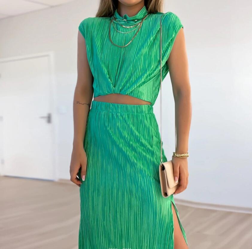 Women's Casual Dress 2024 New Short Shirt High Waist Split Mid length Half length Dress Women's Two Piece Set