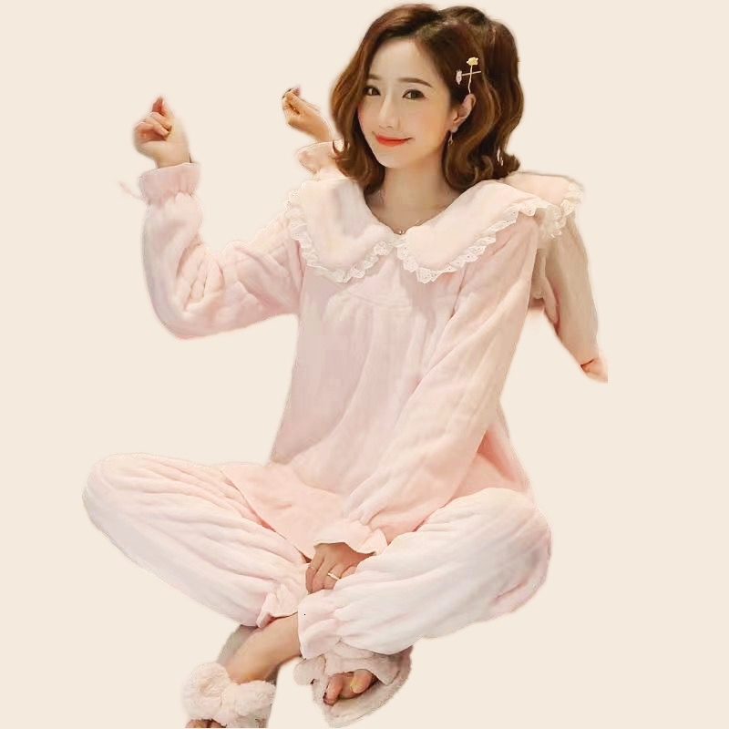 Women's Sleepwear Flannel Pajamas Set Full Sleeve T-shirt Long Pants Winter Sweet Casual Pyjama Big Size Homewear Cozy Plus Bow Pink Sleepwear 23