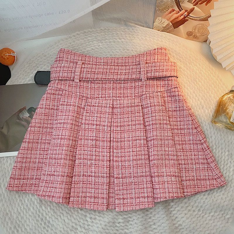 Skirts Ashgaily Tweed Pleated Skirt High Waist Mini Skirts Women Retro Skirts with Belt Autum Arrivals Skirt Style 230518