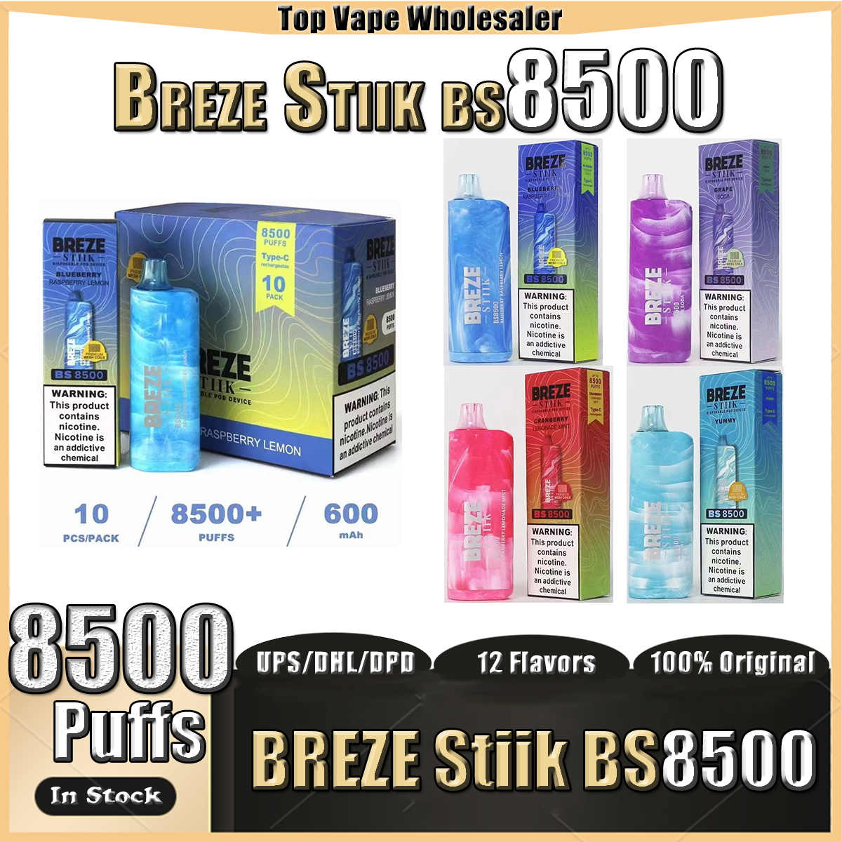 

Original Breze Stiik BS8500 Puffs E Cigarettes 2%/5% Mesh Coil Disposable Vape Pen With 600mAh Rechargeable Battery 17ml VS Breeze Pro Edition 2000 RandM 7000