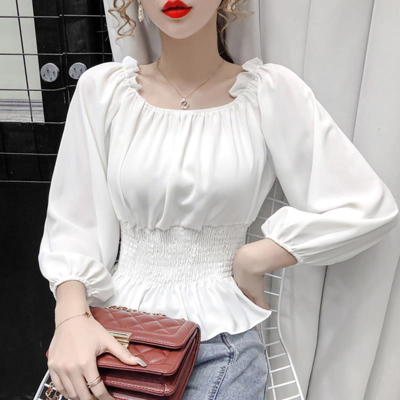 Women's Elegant Chiffon Off Shoulder Puff Sleeve Top Casual White Ruffle Blouse For Office Wear