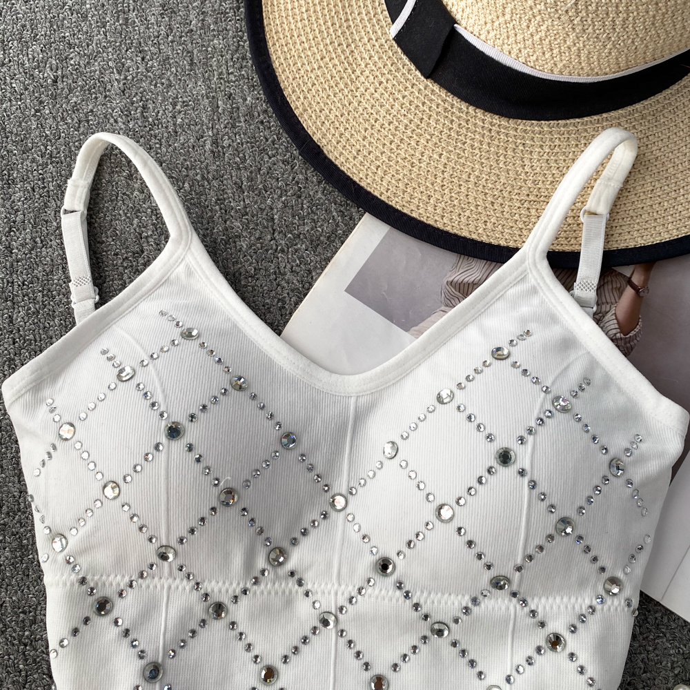 Camisoles Tanks Elegant Spaghetti Strap Tanks Camis Women Sexy Diamond Beading Spliced Femme Corset Crop Tank Tops with Built In Bras Camisoles 230518