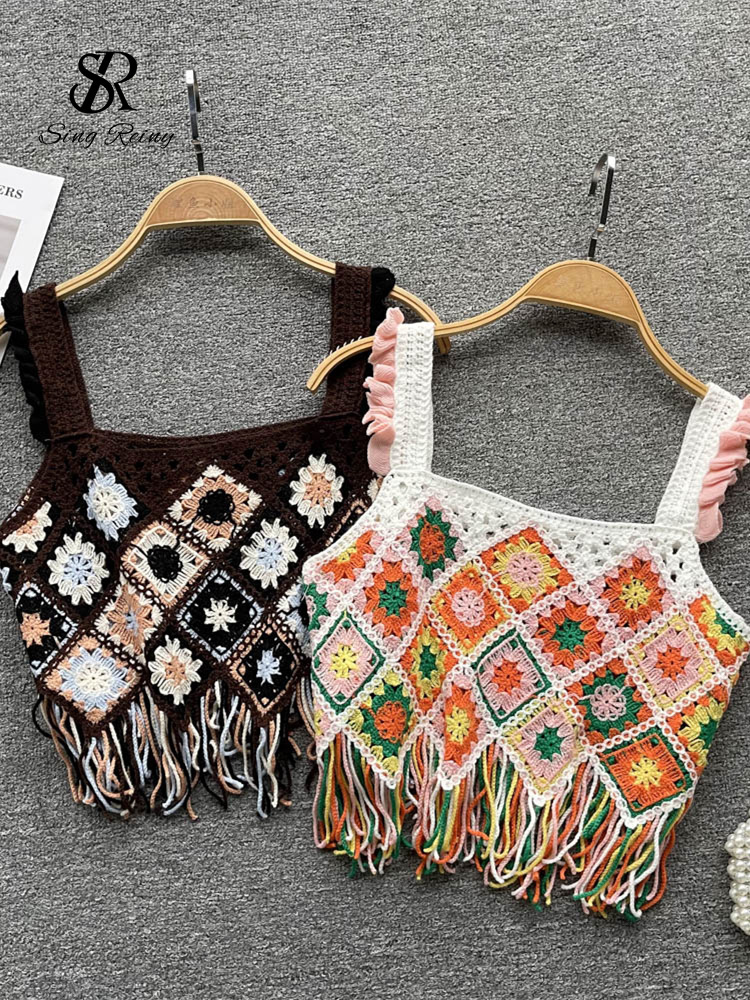 Camisoles Tanks SINGREINY Tassel Knitted Beach Camisole Summer Holiday Strap Loose Chic Camis Fashion Hollow Out Backless Floral Tank Tops 230518