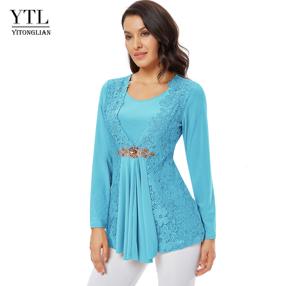 Women's Blouses Shirts YTL Women Vintage Blouse Long Sleeve Diamond Flowy Chic Lace Tops Casual Style Elegant Multicolor Ladies Patchwork Shirt H