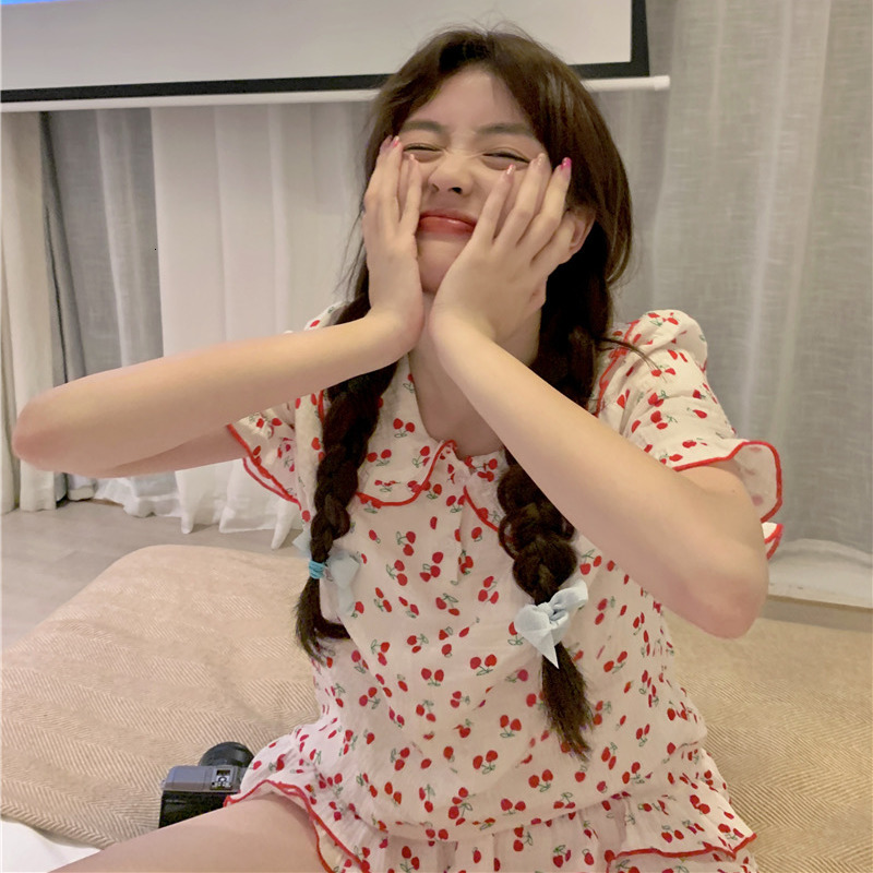 Women's Sleepwear Cotton Sleepwear Korean Pajamas for Women Summer Pijama Cherry Print Pyjamas Female Set Woman 2 Piece Cute Loungewear 230517