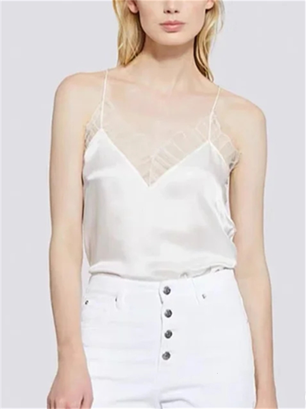 Camisoles Tanks Women 100% Silk Lace Stitching V-Neck Tank Spring Summer Ladies All-Match Simple Solid Color Temperament Camisole 230518