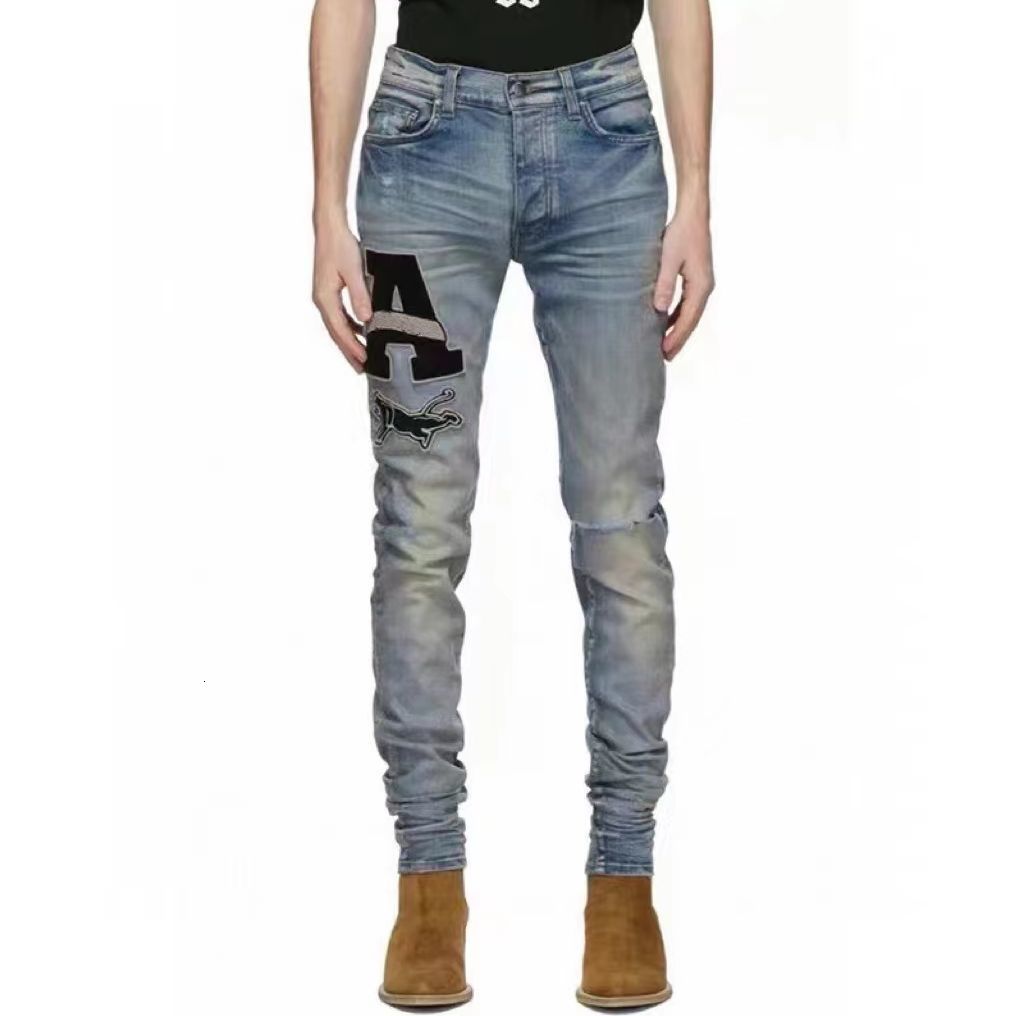 Men's Jeans High Quality Embroidered Badge Ripped Men Slim Fit Trousers Size 36 230517