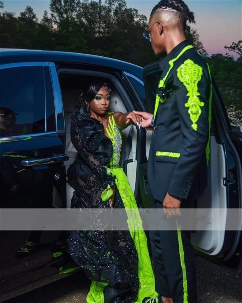 New Black With Green Sequins Mermaid Prom Dresses 2023 For Black Girl One Shoulder Ruffles Formal Party Gowns Robes De Soiree