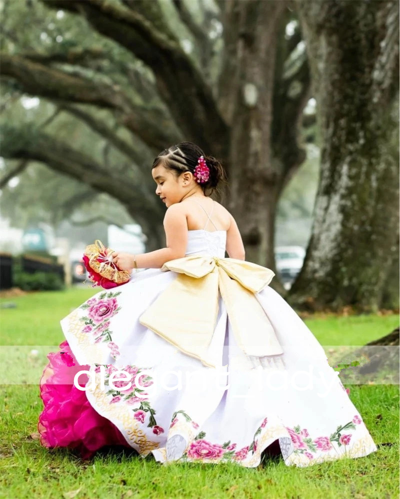 Fuchsia Child Princess mini quinceanera dress With Bow Horse Embroidery Beauty Pageant Cute Ruffles Flower Girl Dresses Mexican charro