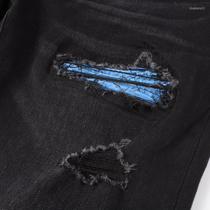 Men's Jeans Mens Black Streetwear Distressed Skinny High Stretch Tie Dye Blue Bandana Patchwork Destroyed Slim Fit