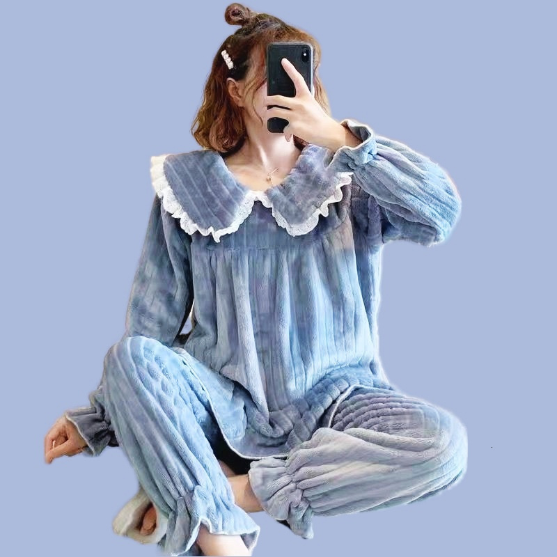 Women's Sleepwear Flannel Pajamas Set Full Sleeve T-shirt Long Pants Winter Sweet Casual Pyjama Big Size Homewear Cozy Plus Bow Pink Sleepwear 23