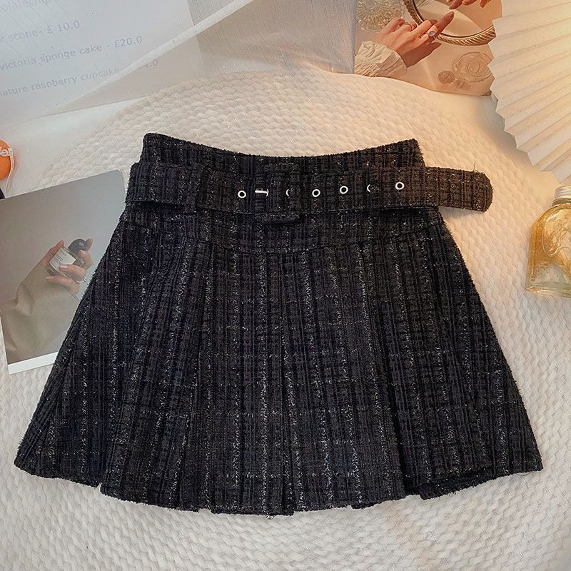 Skirts Ashgaily Tweed Pleated Skirt High Waist Mini Skirts Women Retro Skirts with Belt Autum Arrivals Skirt Style 230518