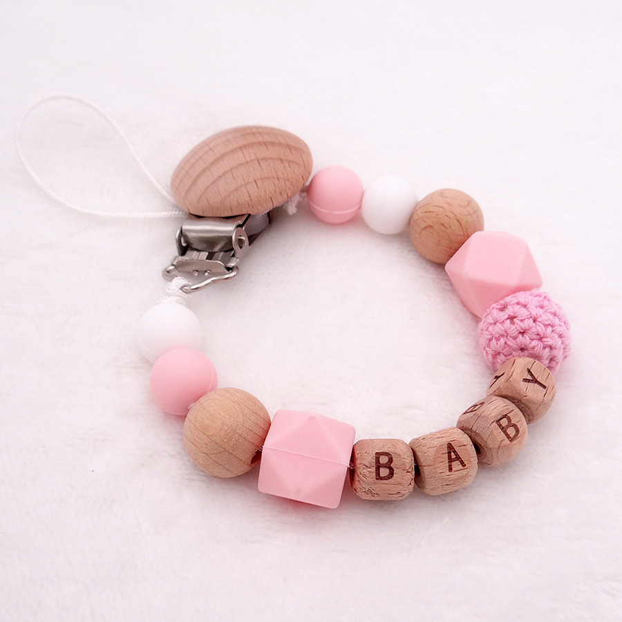 Pacifier Holders Clips# Handmade Free Personalized Name Silicone Wood Pacifier Clips Safe Teething Chain Baby Teether Eco-friendly Dummy Clips Holder 