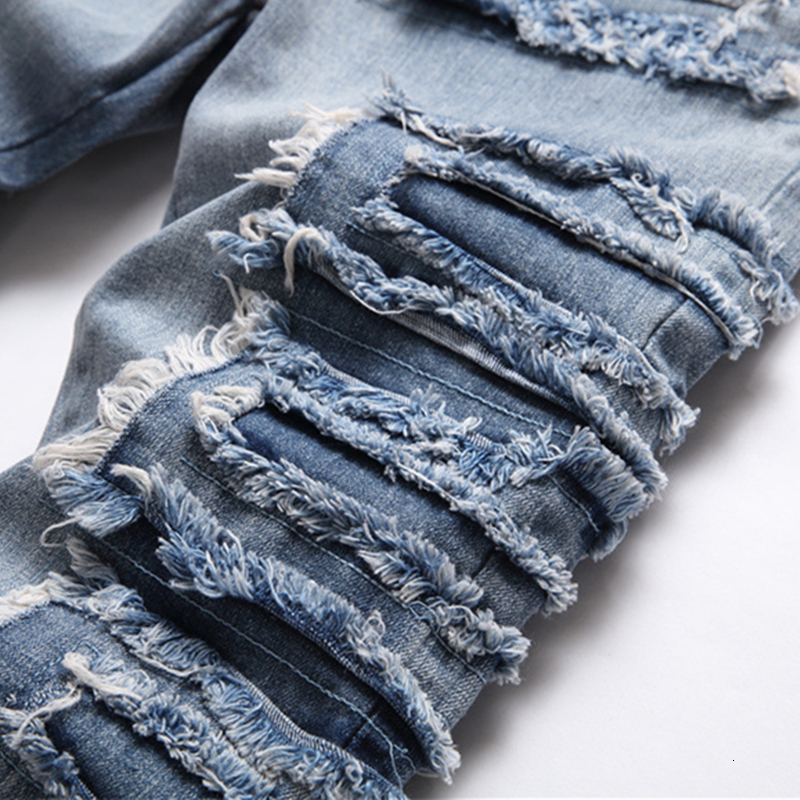 Men's Jeans Punk Trend Blue Hole Slim Seans Autumn Stickers Fashion Biker Pencil Pants MidWaists Casual Men Clothing 230517