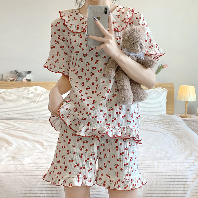 Women's Sleepwear Cotton Sleepwear Korean Pajamas for Women Summer Pijama Cherry Print Pyjamas Female Set Woman 2 Piece Cute Loungewear 230517