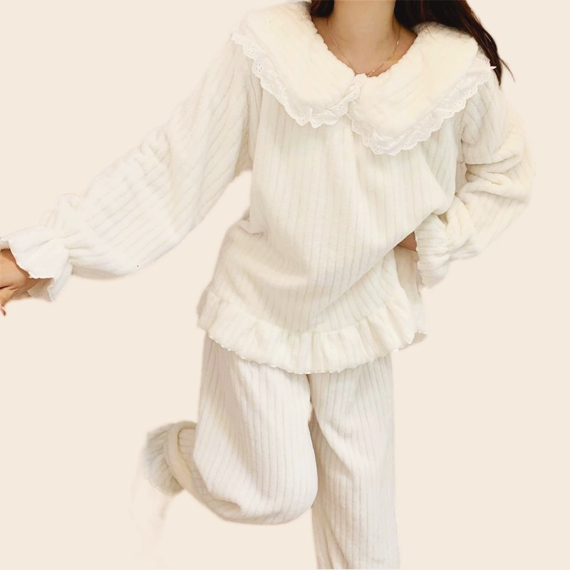 Women's Sleepwear Flannel Pajamas Set Full Sleeve T-shirt Long Pants Winter Sweet Casual Pyjama Big Size Homewear Cozy Plus Bow Pink Sleepwear 23