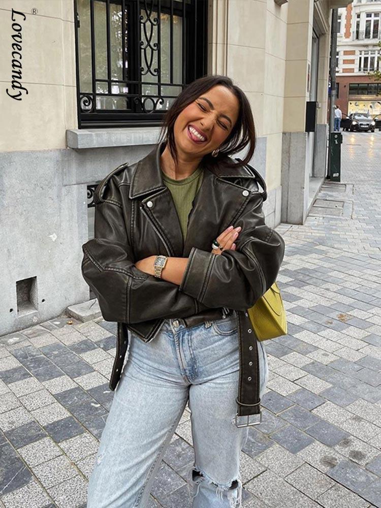Women s Jackets Mantel Jaket Sabuk Kerah Kulit PU Wanita 2023 Saku Ritsleting Lengan Panjang Pendek Motor Fashion 230517