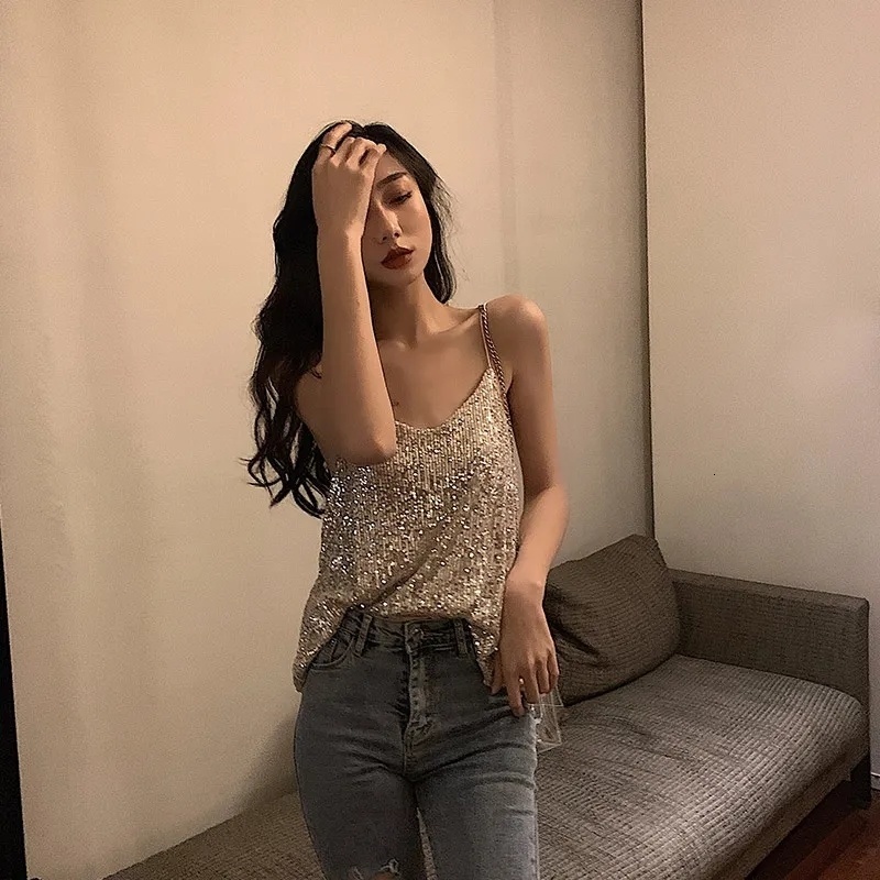 Camisoles Tanks Sequins Camisole Glitter Shiny Tank Top Chic Elegant Sleeveless Vests Vintage Loose Summer Clothes for Women 230518