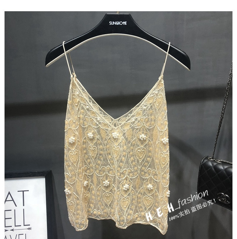 Camisoles Tanks Net Red Niche Sexy Sequined Camisole Outside Wearing Hollow Mesh Beaded Bottoming Shirt Women Sexy Women Clothing 230518