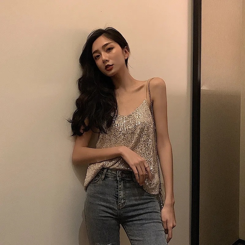 Camisoles Tanks Sequins Camisole Glitter Shiny Tank Top Chic Elegant Sleeveless Vests Vintage Loose Summer Clothes for Women 230518