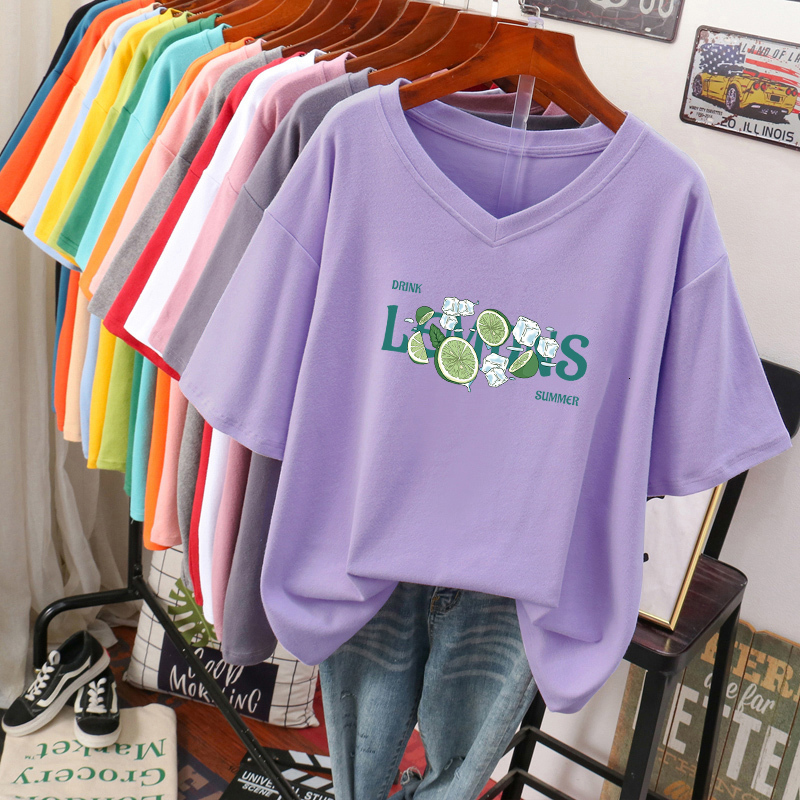 Women's Plus Size TShirt 100 Cotton Shirt L6XL shirt Short Sleeve op Summer Girls Print Cute V Neck Oversized Shirts 230517