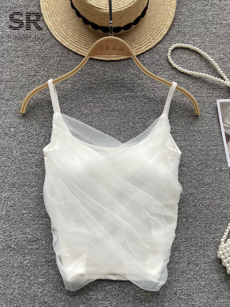 Camisoles Tanks SINGREINY Ruched Mesh Camisole Underwear Autumn Strap Summer Outwear French Style Lady Slim Backless Sexy Fashion Tank Tops 230518