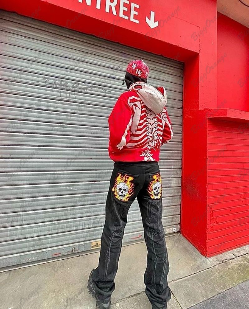 Men's Jeans High Street Harajuku trendy skull embroidered jeans teenage couple trend versatile black trousers y2k for men 230517