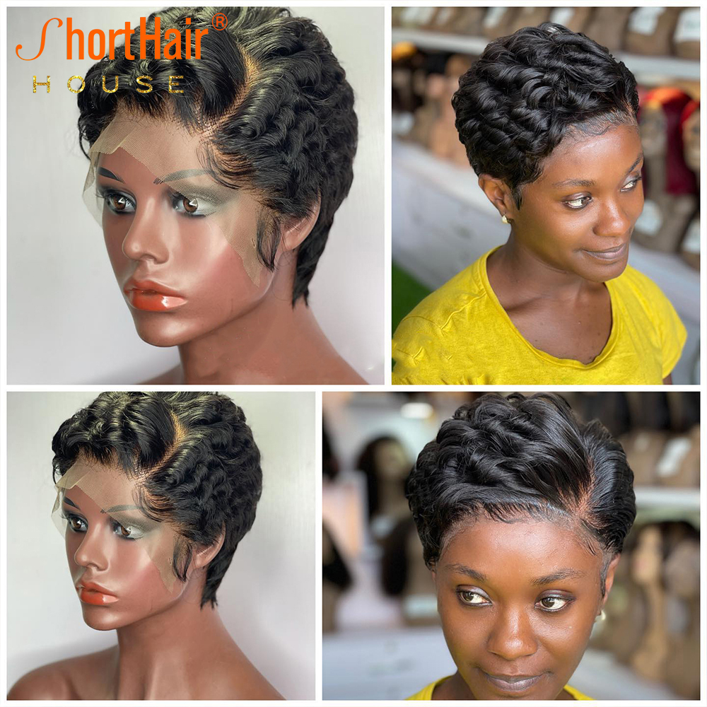 Free shipping Highlight Colored Short Pixie Cut Bob Body Wave Human Transparent 13X4 Lace Frontal Wigs For Black Woman Brazilian Hair Brown Wig 180%