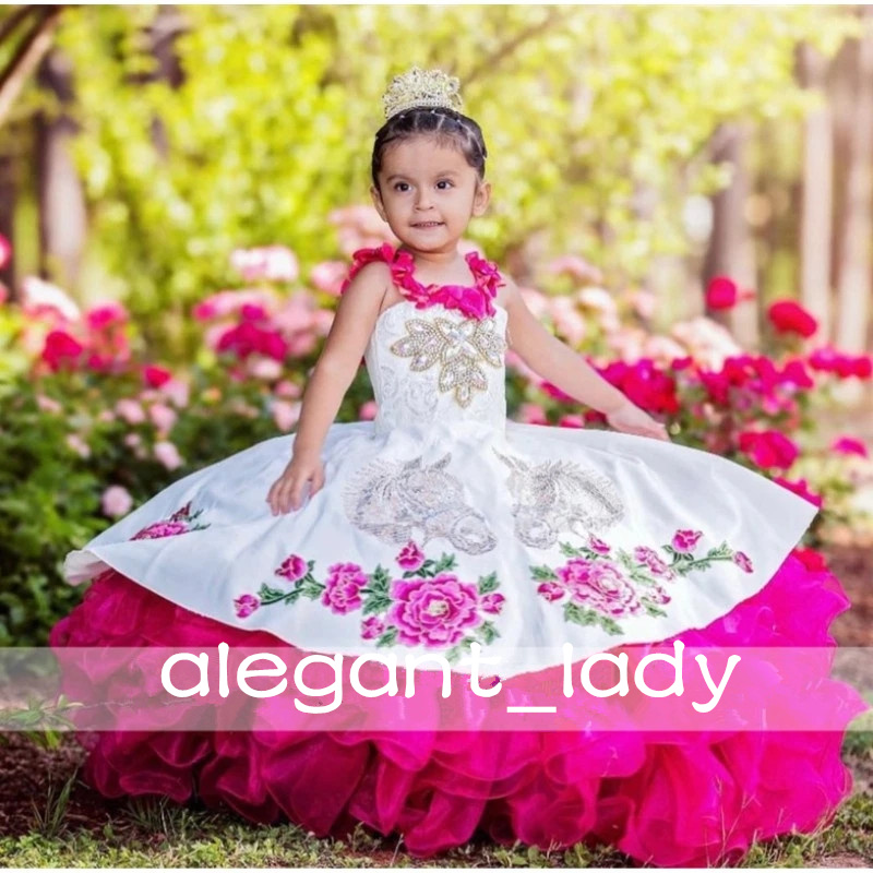Fuchsia Child Princess mini quinceanera dress With Bow Horse Embroidery Beauty Pageant Cute Ruffles Flower Girl Dresses Mexican charro