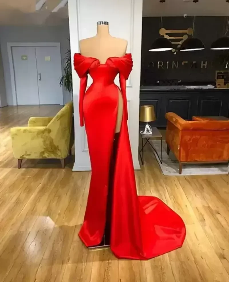Simple African Sexy Red Satin Mermaid Prom Dresses Off Shoulder Long Sleeve High Side Split Formal Party Gowns Custom Made Vestidos De