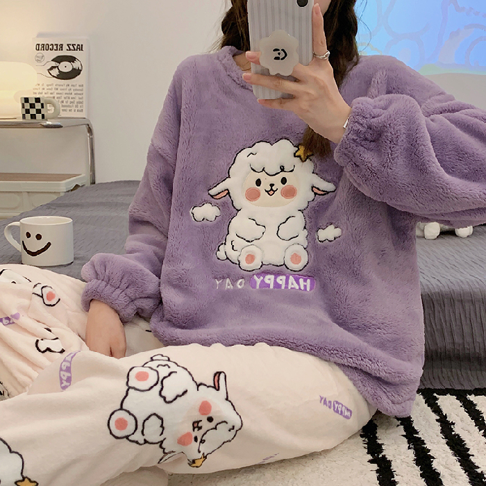 Women's Sleepwear Autumn Winter Warm Flannel Women's Pajamas Set Long-sleeved Trousers Two-piece Set Cute Soft Home Wear Clothes for Women 2