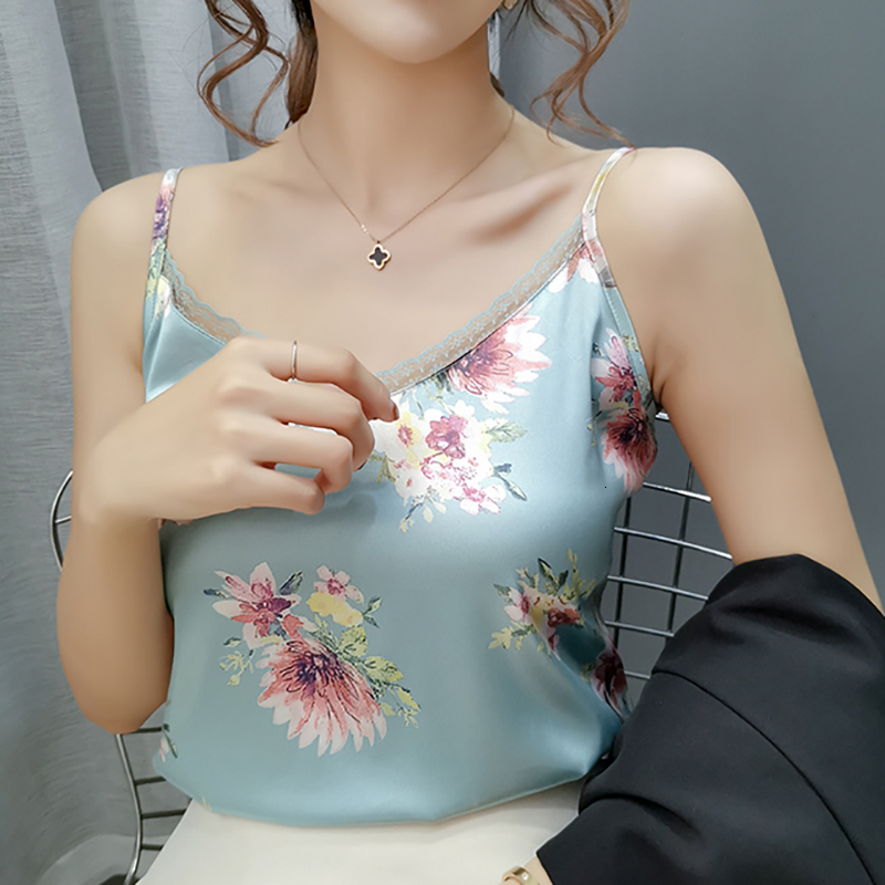 Camisoles Tanks Summer Clothes For Women Camisole Satin Print Tank Tops Sexy V-Neck Tanks Camis Sleeveless Halter Top Mujer Womens Clothing 230518