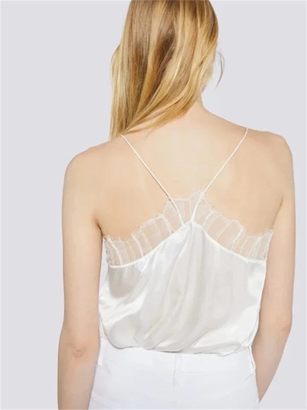 Camisoles Tanks Women 100% Silk Lace Stitching V-Neck Tank Spring Summer Ladies All-Match Simple Solid Color Temperament Camisole 230518