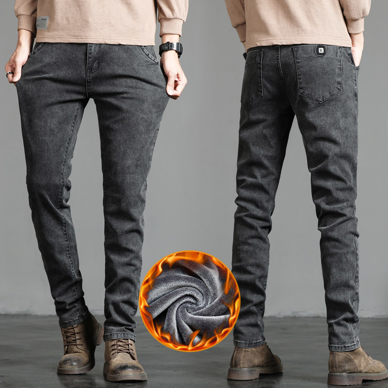 Men's Jeans Winter Fleece Warm Men's Jeans Vintage Blue Cotton Classic Slim Skinny Fashion Streetwear Thick Fluff Denim Trousers Male 27-38 