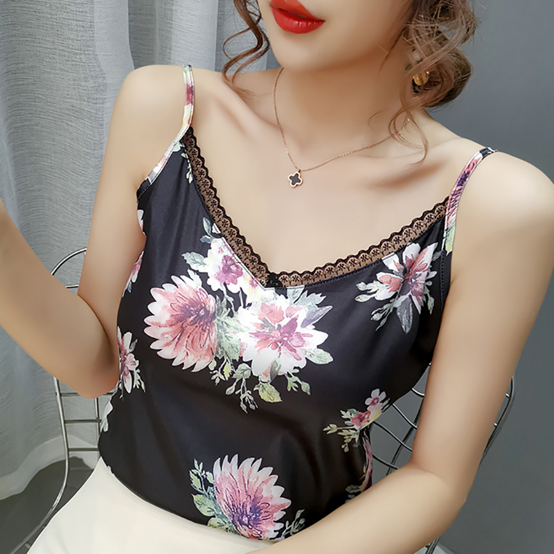 Camisoles Tanks Summer Clothes For Women Camisole Satin Print Tank Tops Sexy V-Neck Tanks Camis Sleeveless Halter Top Mujer Womens Clothing 230518
