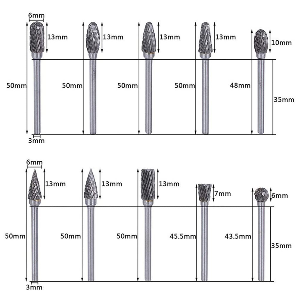 Drill Bits Tungsten Carbide Rotary Burr 10pcs Carving Burr Bits Double Diamond Cut Dremel Tools for Wood Stone Carving Steel Metal Working 230517