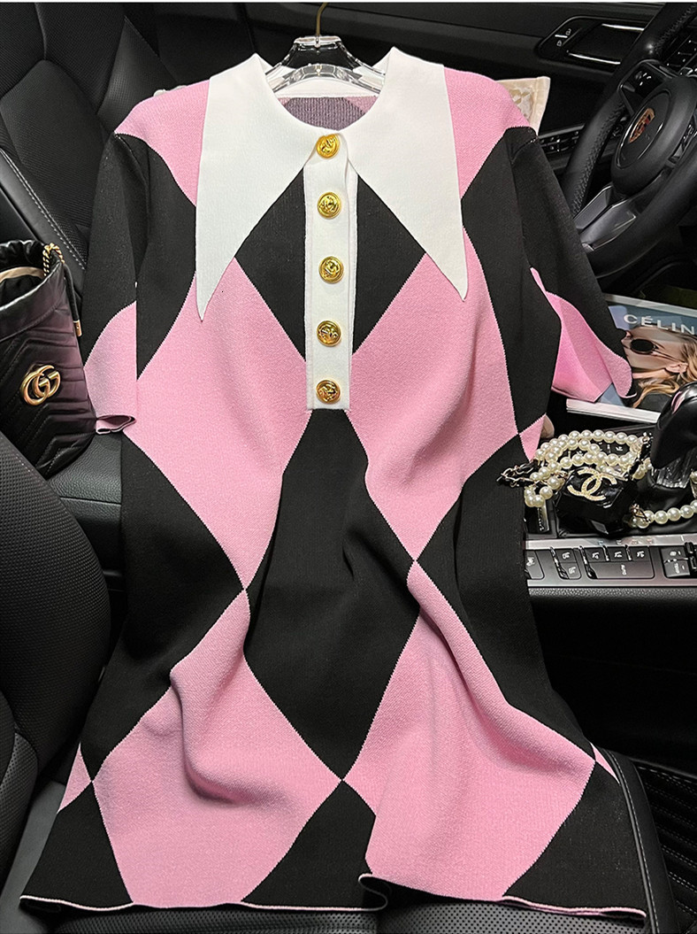 Basic Casual Dresses Summer Knitted Dress Fashion Women Big Collar Rhombic Dresses Short Sleeve Runway Style Dresses For Ladies Vestidos NS286 230518