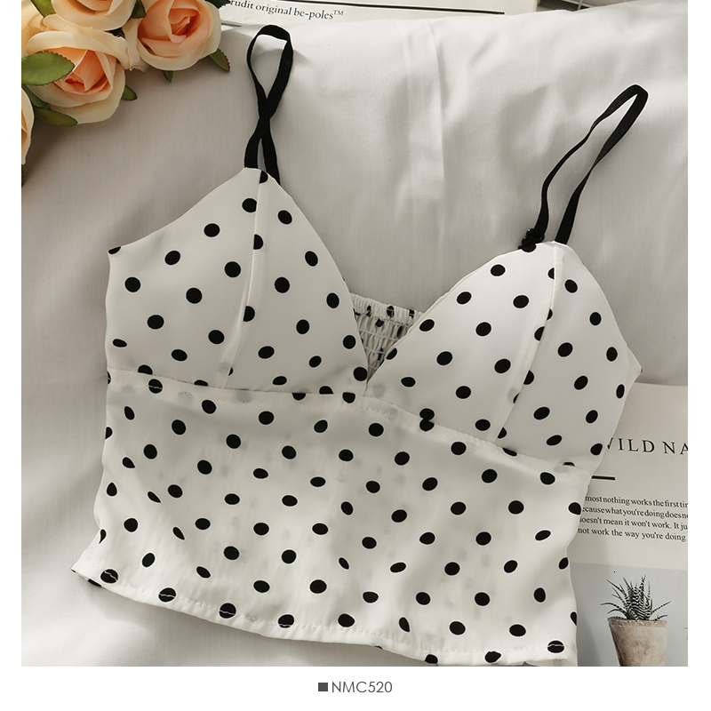 Camisoles Tanks Korean wavelet dots crop tops sexy spaghetti strap tanke top women built in bra off shoulder sleeveless camisole ins 230518