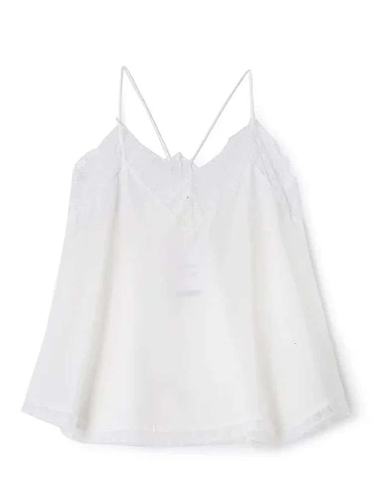 Camisoles Tanks Women 100% Silk Lace Stitching V-Neck Tank Spring Summer Ladies All-Match Simple Solid Color Temperament Camisole 230518
