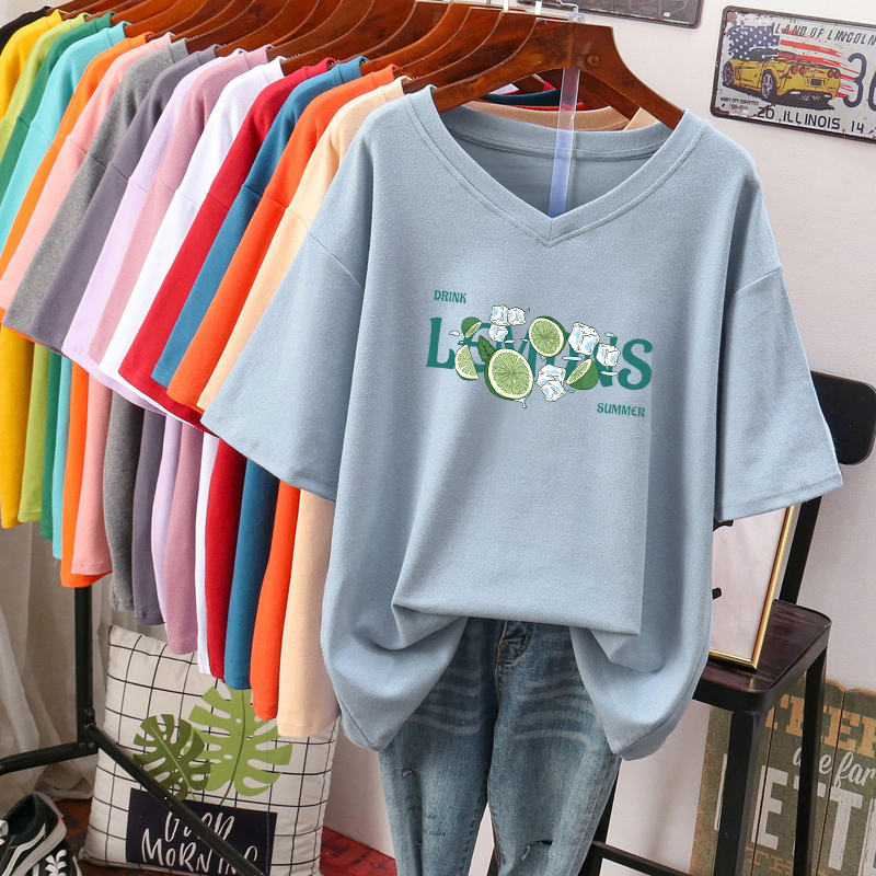 Women's Plus Size TShirt 100 Cotton Shirt L6XL shirt Short Sleeve op Summer Girls Print Cute V Neck Oversized Shirts 230517