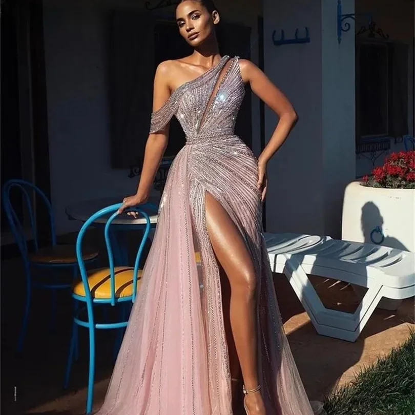 Elegant Off Shoulder Long Prom Dresses Full Beaded For Arabic Women Sexy Front Split Formal Evening Pageant Gowns Dress Robe De Soiree