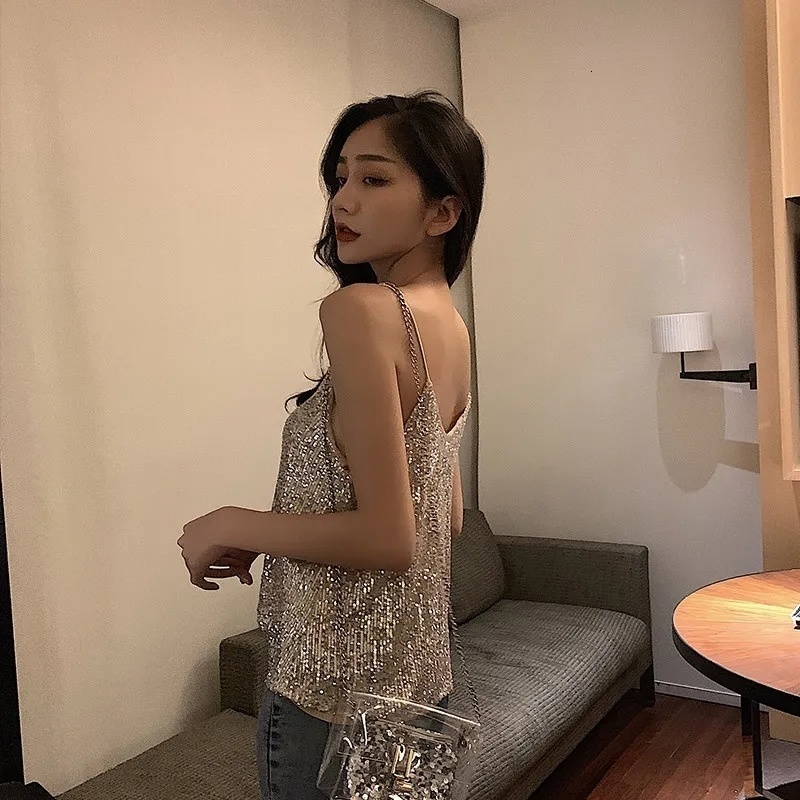 Camisoles Tanks Sequins Camisole Glitter Shiny Tank Top Chic Elegant Sleeveless Vests Vintage Loose Summer Clothes for Women 230518
