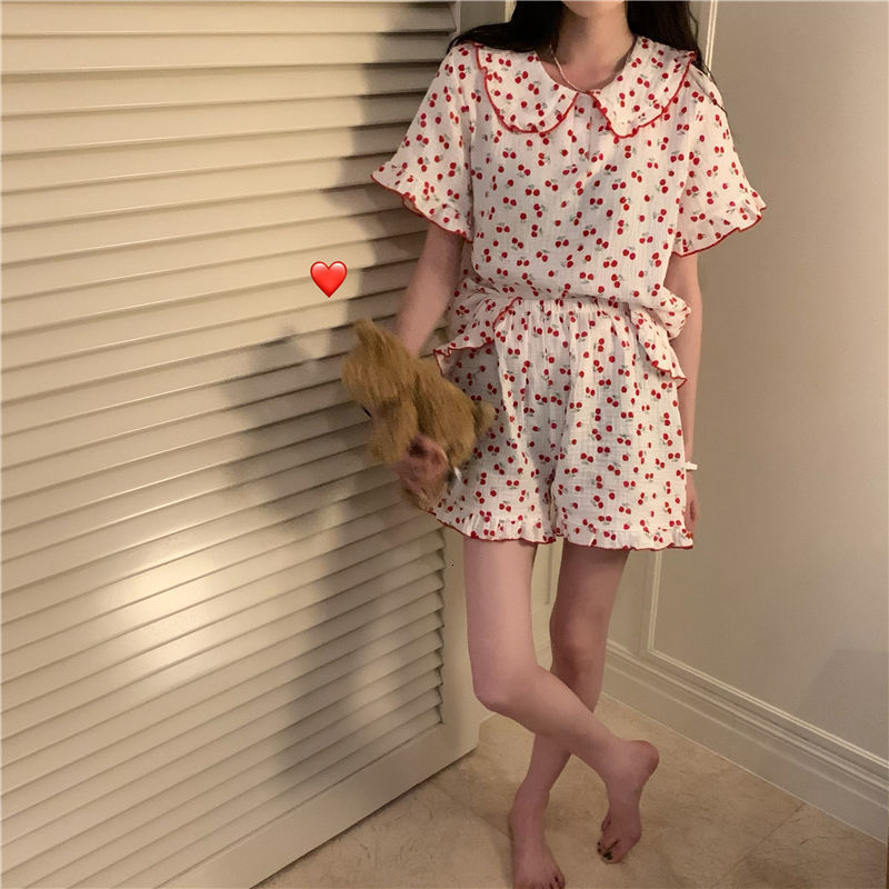 Women's Sleepwear Cotton Sleepwear Korean Pajamas for Women Summer Pijama Cherry Print Pyjamas Female Set Woman 2 Piece Cute Loungewear 230517