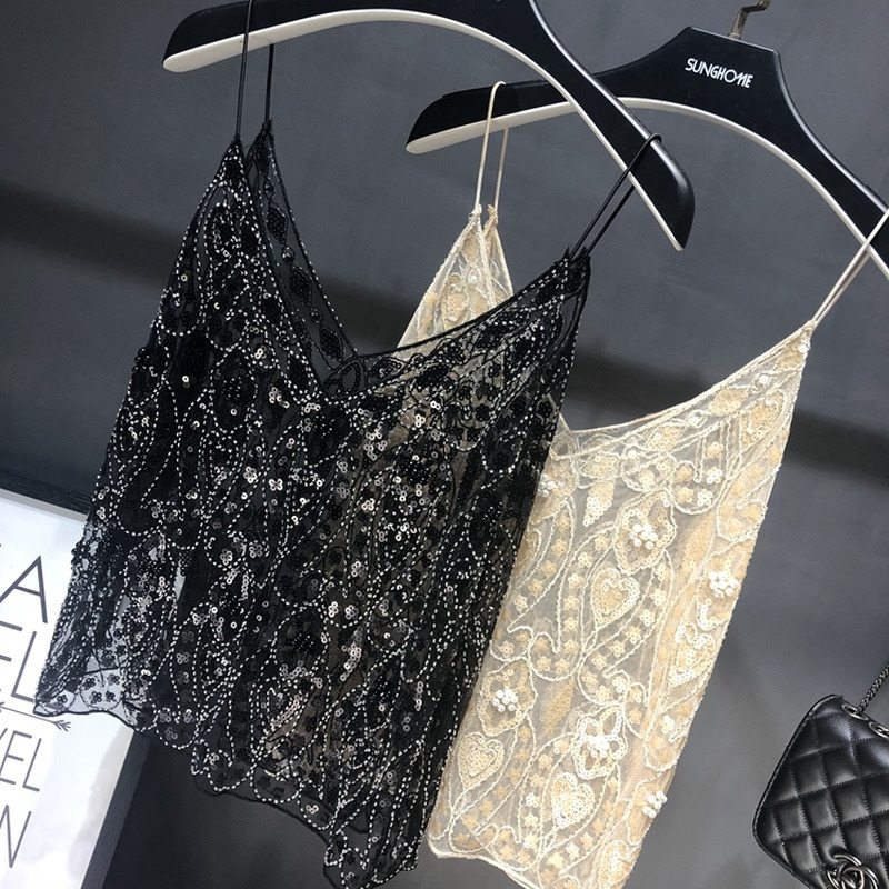 Camisoles Tanks Net Red Niche Sexy Sequined Camisole Outside Wearing Hollow Mesh Beaded Bottoming Shirt Women Sexy Women Clothing 230518